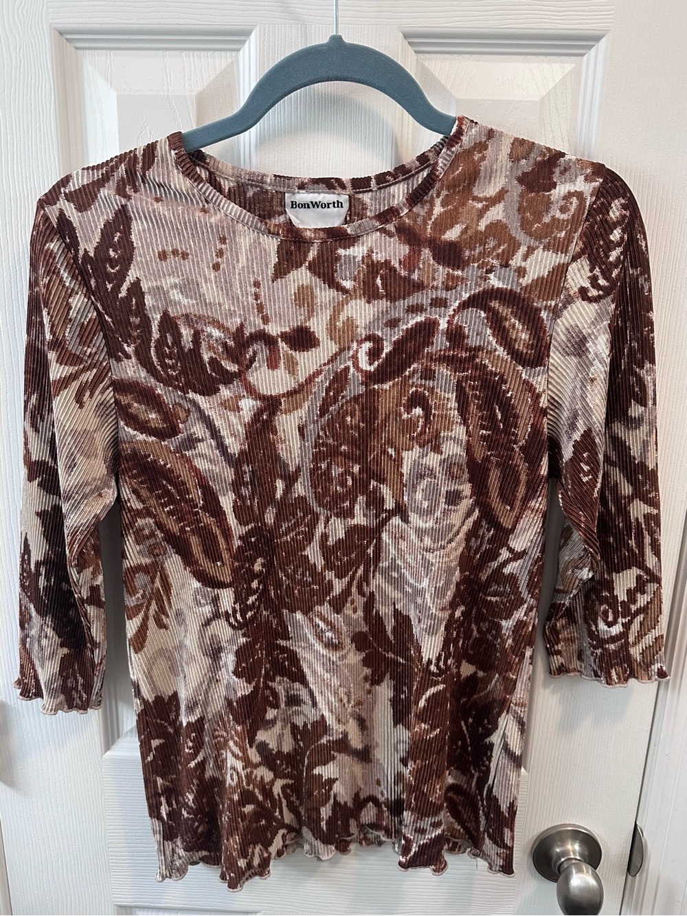 Bon Worth Brown & Cream Paisley 3/4 Sleeve Top